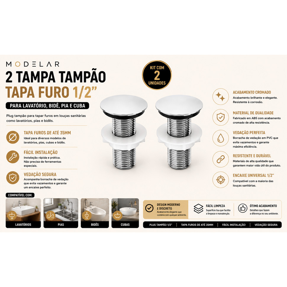 2 Tampa Tampão Tapa Furo Plug 1/2 Lavatório/Bide/Pia/Cuba — imagem 2 de 2