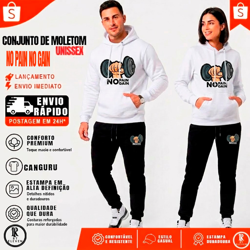 Conjunto Moletom No Pain No Gain casaco treino Blusa De Frio + Calça linha premium moleton canguru com bolso e capuz