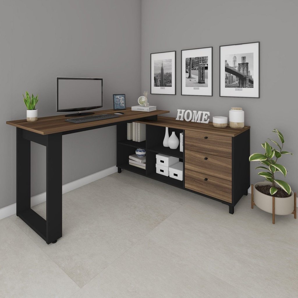 Escrivaninha Mesa Escritório e Home Office em L Home Office 3 Gavetas 4 Nichos 160,3cm Industrial Ip Ipê/Preto