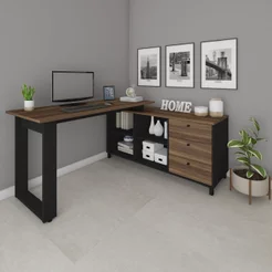 Escrivaninha Mesa Escritório e Home Office em L 3 Gavetas 4 Nichos 160,3cm Industrial Ip Ipê/Preto