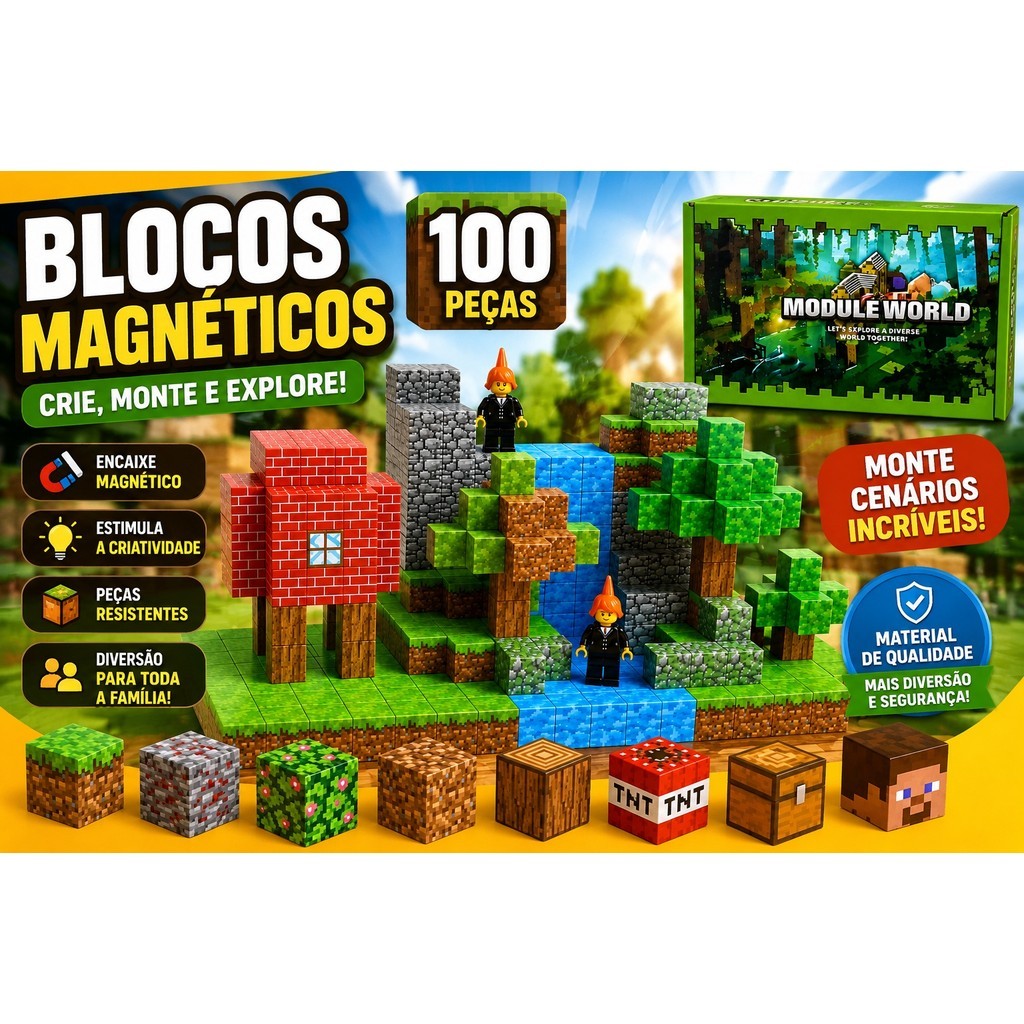 Blocos Magnéticos De Montar 100 Peças Kit Construção Criativa Cenário Modular Brinquedo Educativo