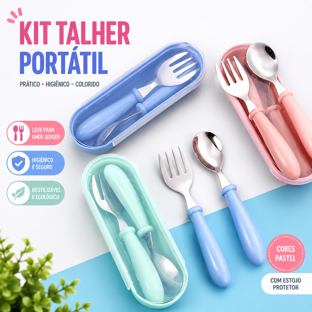 Kit Talheres Infantil Aço Inox com Estojo Colher Garfo Bebê Portátil Seguro Rosa Azul Verde Completo