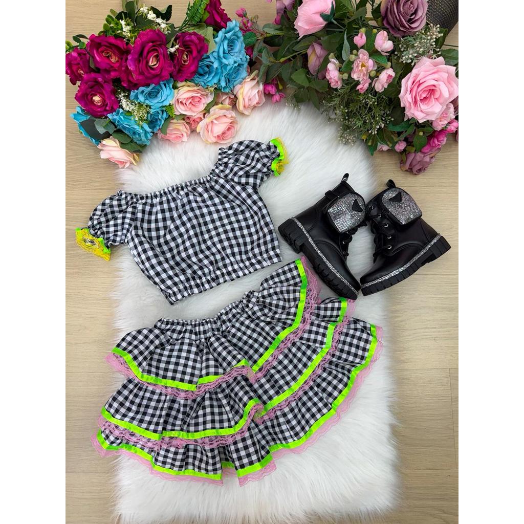 Conjunto Junino Banana Club Luxo Gabriela Xadrez Preto