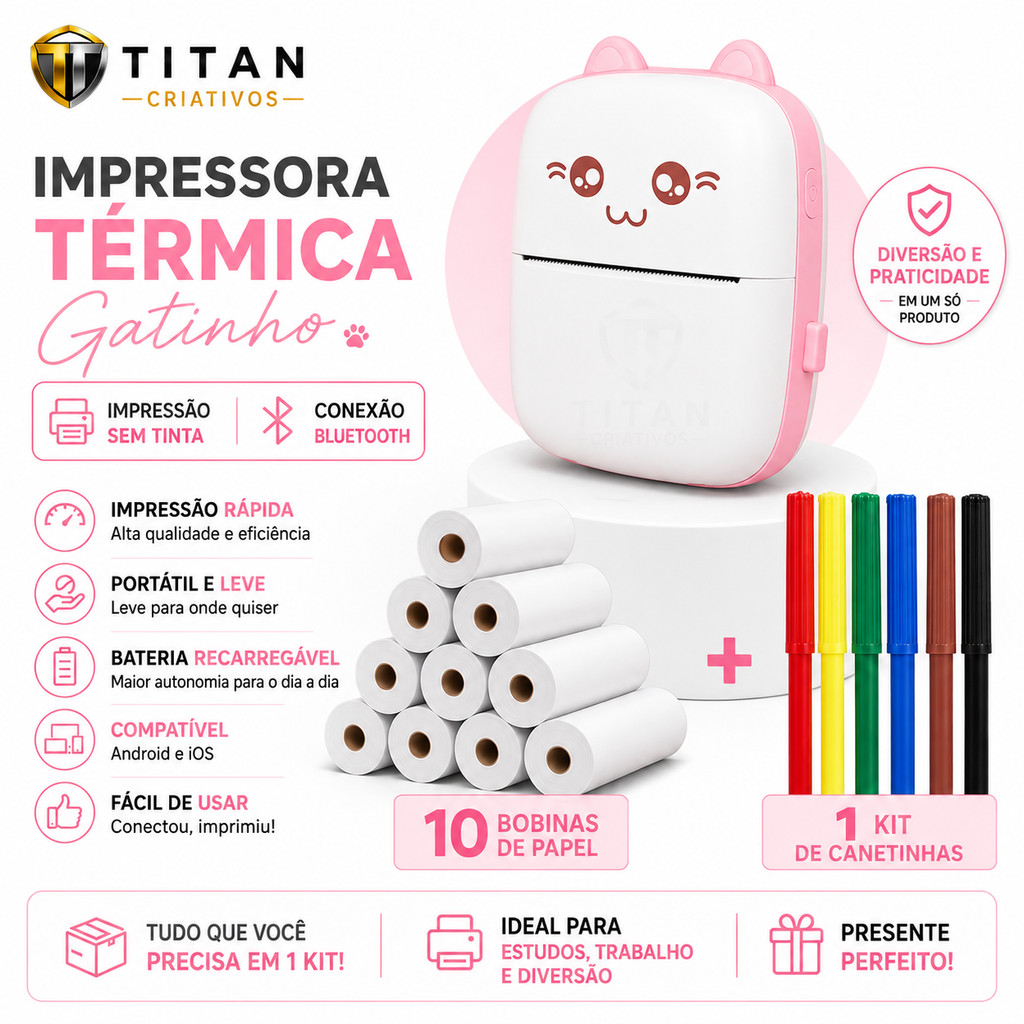 Mini Impressora Térmica Portátil Sem Fio Bluetooth Usb Fotos + 10 Rolos Bobina + 1 kit canetinha