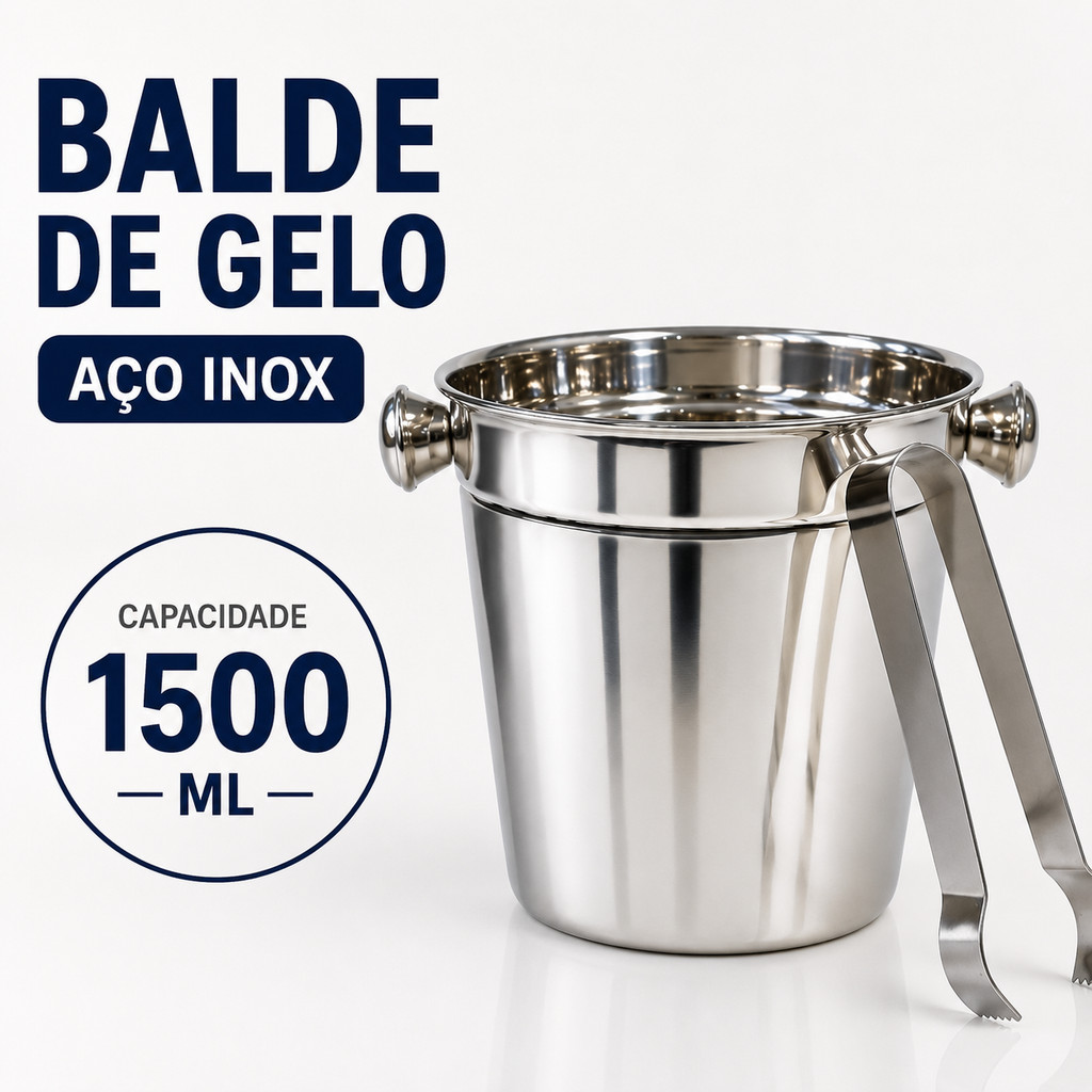 Balde para Gelo Inox 1500ml com Pegador Aço Inoxidável Pequeno Mesa Bar Bebidas Whisky Kit