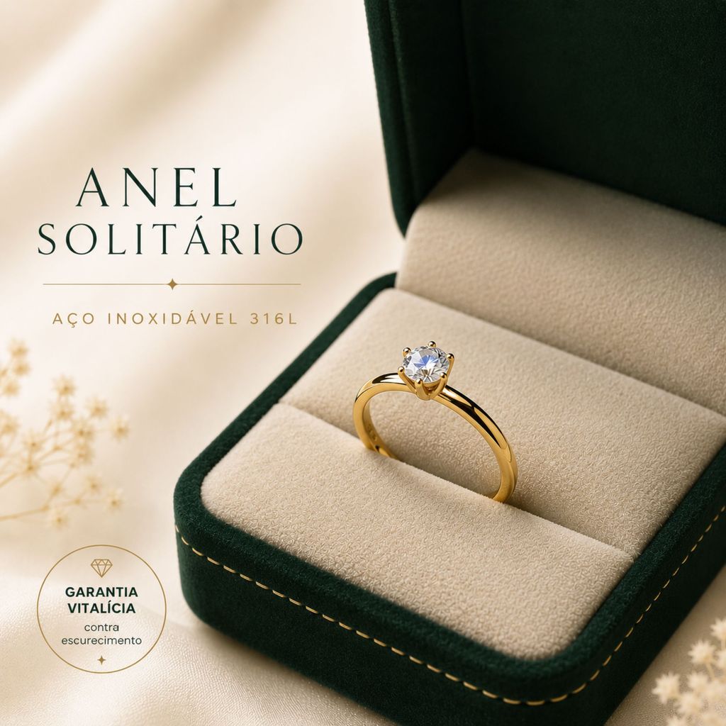Anel Solitário Feminino Aço Inoxidavel Pedra Zircônia Não Escurece Antialérgico Prata e Dourado
