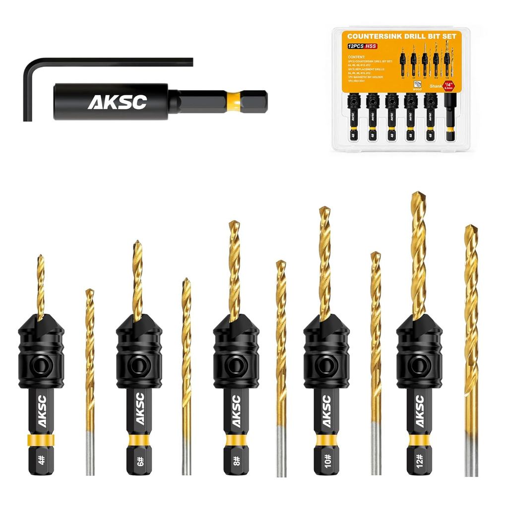 Conjunto de Brocas Escareadoras, 12 Peças de Brocas Cónicas Ajustáveis, Haste Hexagonal de 1/4" com Chave e Suporte Magn