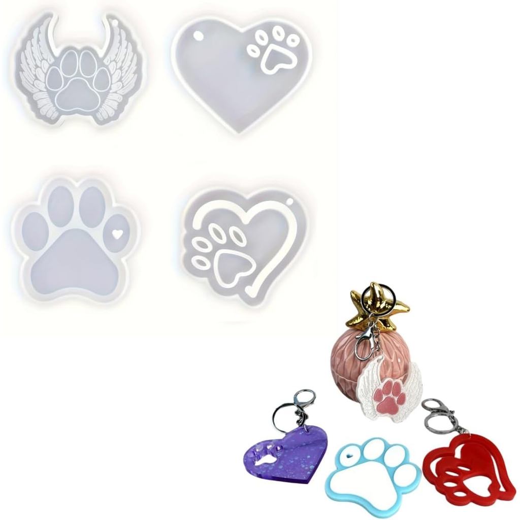 Moldes de resina para chaveiros de pata de animal de estimação, conjunto de 4 peças com designs de coração e asa de anjo