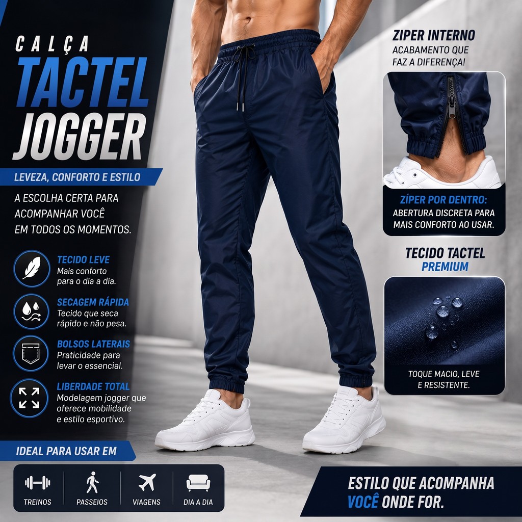 Calça Jogger Masculina Tactel Com Elastano Confortável Casual Esportiva Com Cós Elástico