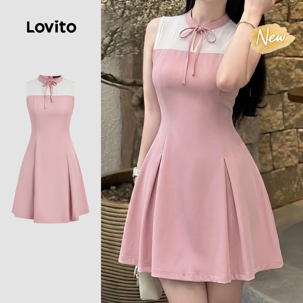 (New Arrival) Lovito Vestido Casual 2 em 1 Rosa com Zíper e Renda para primavera