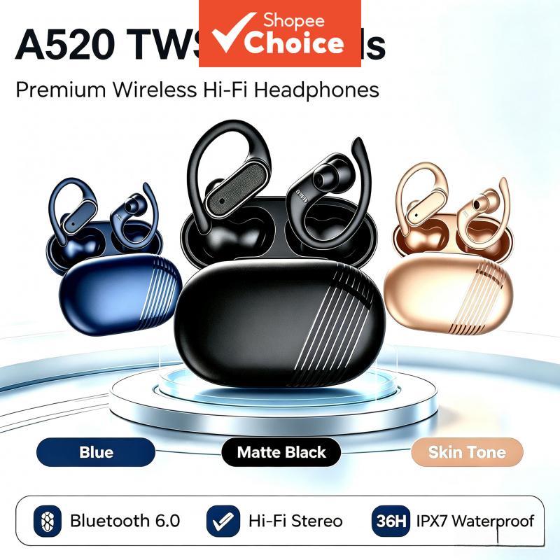  A520 TWS Fones de Ouvido Bluetooth Sem Fio Super Bass HIFI Estéreo com Gancho de Orelha Controle por Toque à Prova