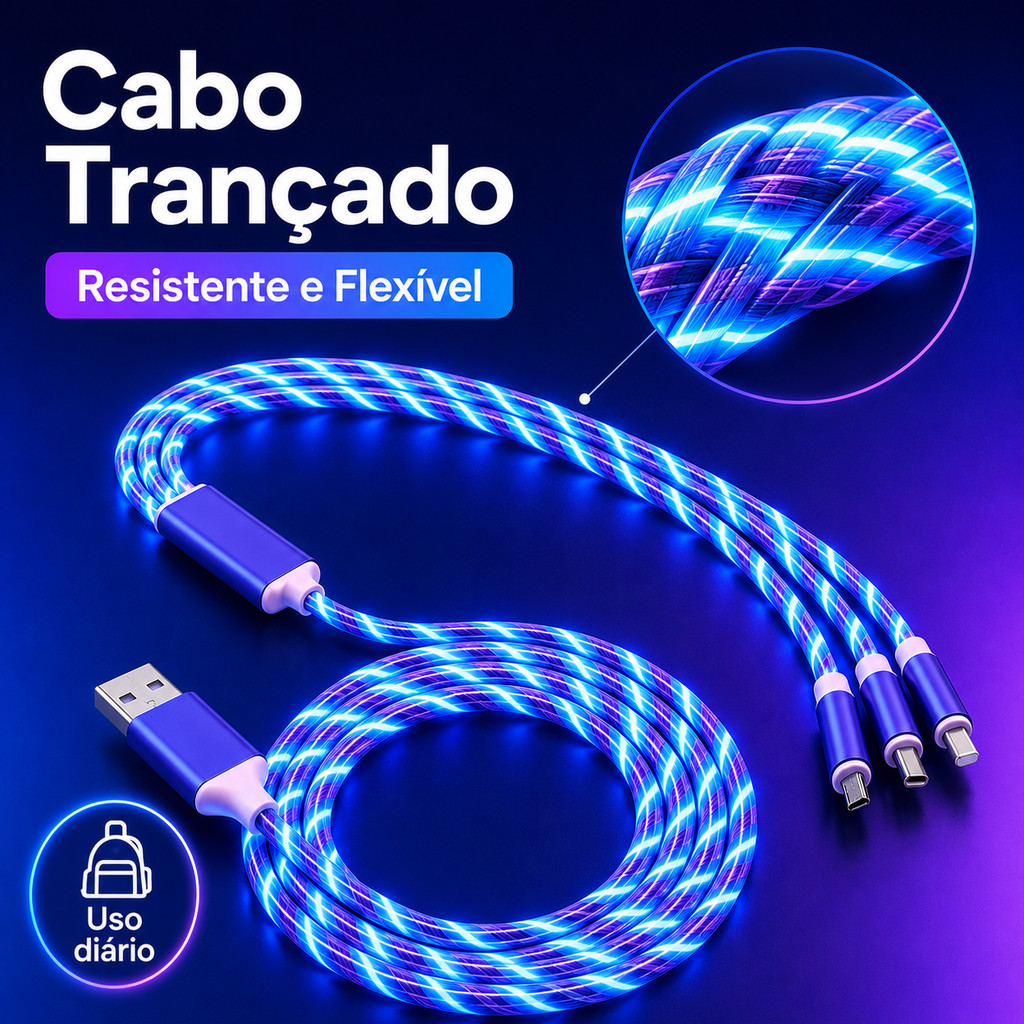 Cabo de dados com carregamento rápido e iluminação 3 em 1 compatível com Apple e Android Tipo-C
