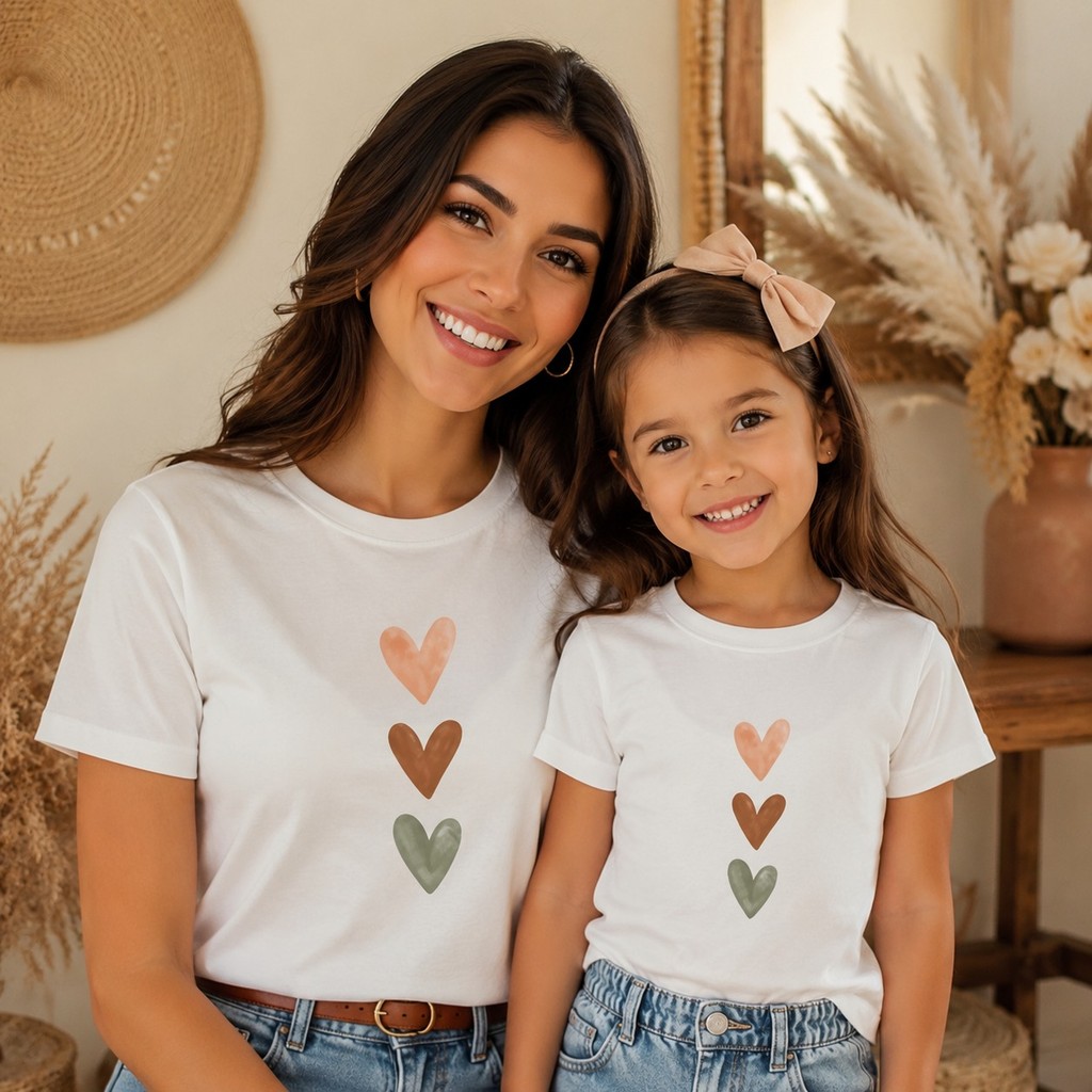 Camiseta Infantil e Adulta Feminina Corações 100% Algodão Moda Kids Estilosa Confortável