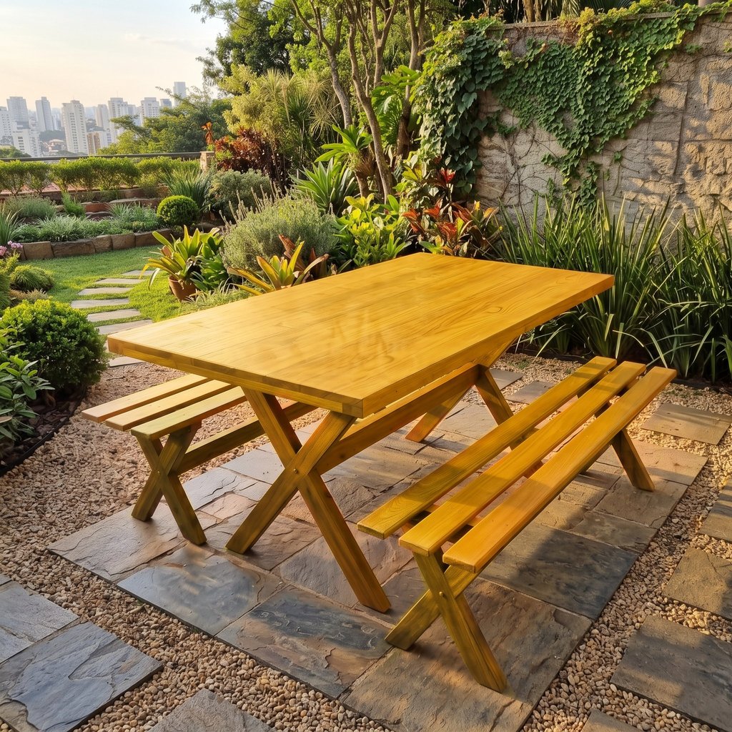 Conjunto Mesa para Área Externa com 2 Bancos em Madeira Maciça 200x80cm Kit Churrasco Yescasa Mel Ma Mel