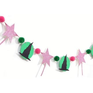 Guirlanda de Bruxa – Guirlanda com Varinha de Fada Rosa e Chapéu de Bruxa com Pompons, Decorações de Festa Mágica de Hal