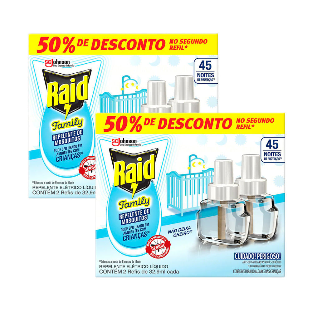 Kit 2 Refil Raid Family 45 Noites Repelente Líquido com 2 Unidades de 32,9 ml cada