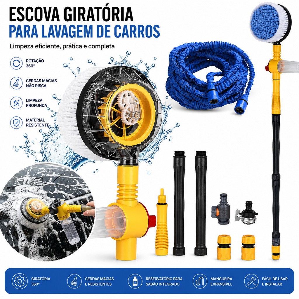Escova Elétrica Rotativa para Limpeza de Carro Multiuso Limpa Vidros Rodas Casa Lava Rápido