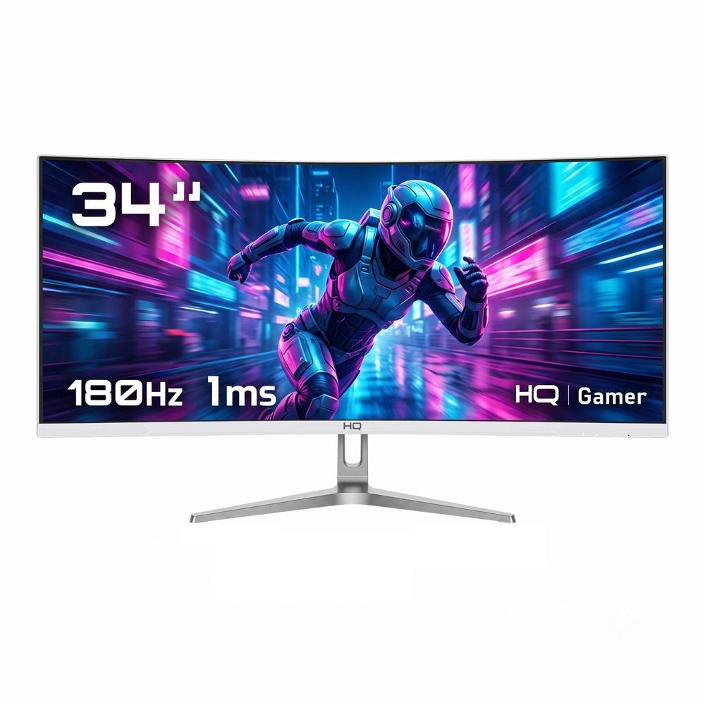 Monitor Gamer HQ 34" Branco Curvo 1ms, 180Hz, UltraWide (QHD) - 3440x1440 AMD Fr