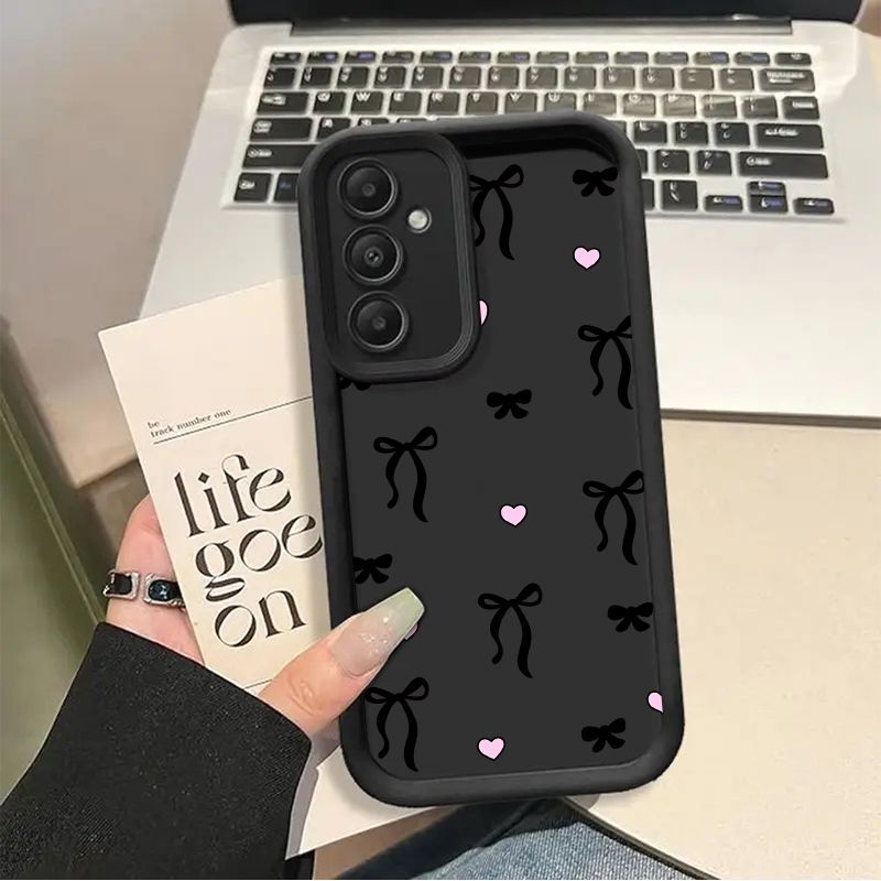 Funda para teléfono: Funda negra con patrón de lazo y corazón para for Samsung S21 S22 S23 S24 S25 A15 A13 A55 A54 A35