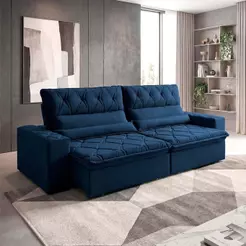 Sofá Retrátil/Reclinável França 2,70m Suede Velut Azul Marinho c/ Molas no Assento - King House