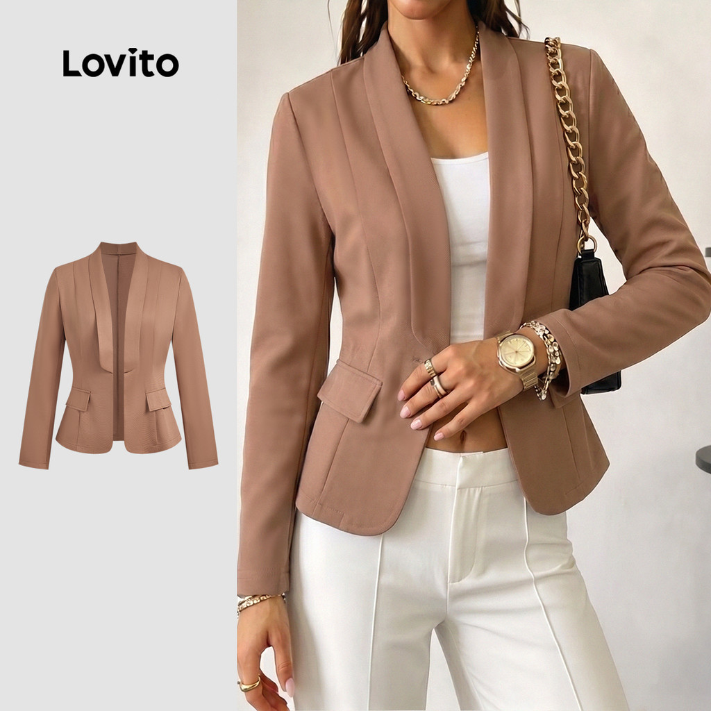 Lovito Elegante Blazer Bolsos Falsos para Mulheres Marrom Outono/Inverno LK7LD186
