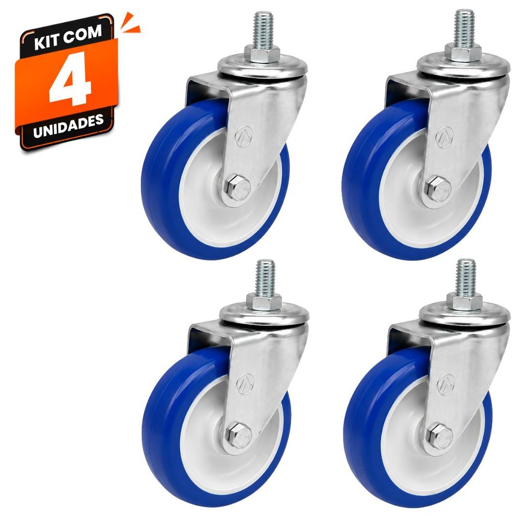 Kit 4 Rodas Rodinhas Giratórias Carrinho Supermercado Mercado Ajax Rosca 4" PVC Azul 100kg Alta Resistência