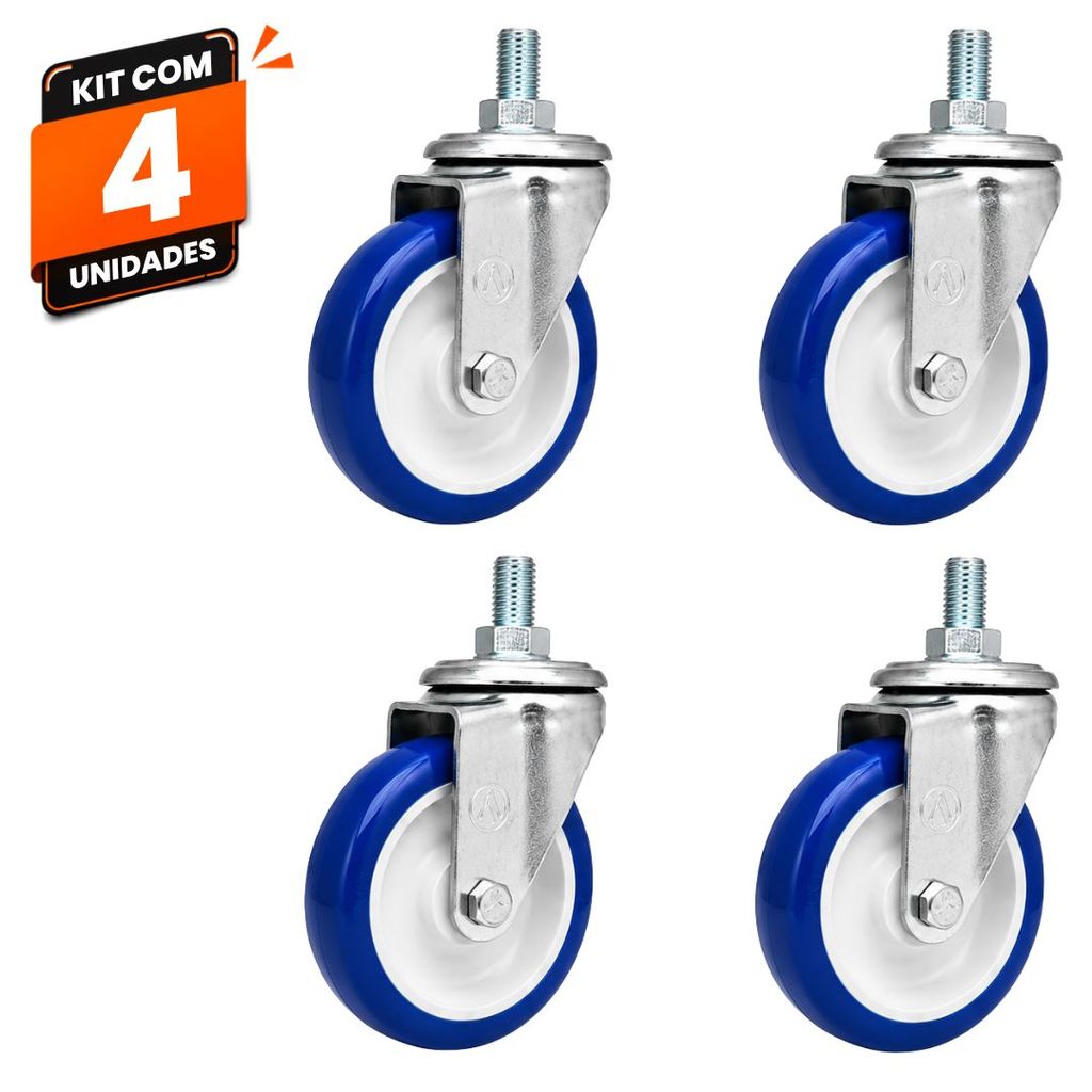 Kit 4 Rodas Rodinhas Giratórias Carrinho Supermercado Mercado Ajax Rosca 5" PVC Azul 120kg Alta Resistência