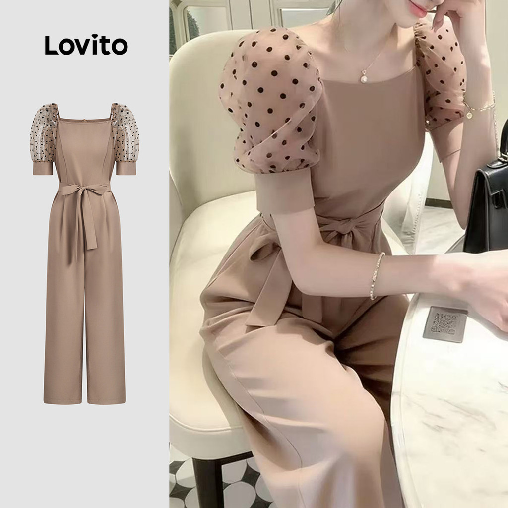 (New Arrival) Lovito Macacão Elegante com Cinto e Malha Contraste Na Cor Caqui p