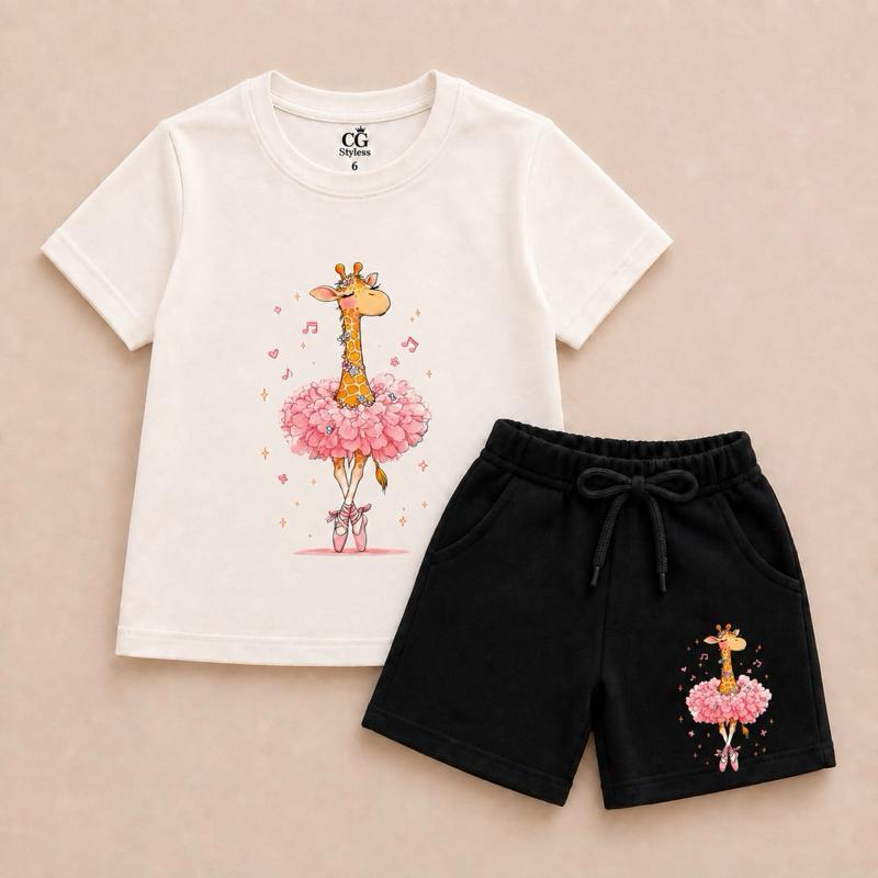 Conjunto Infantil Feminino Girafinha Bailarina – Camiseta + Short Moletinho Preto com Cadarço | Look Fofo e Confortável