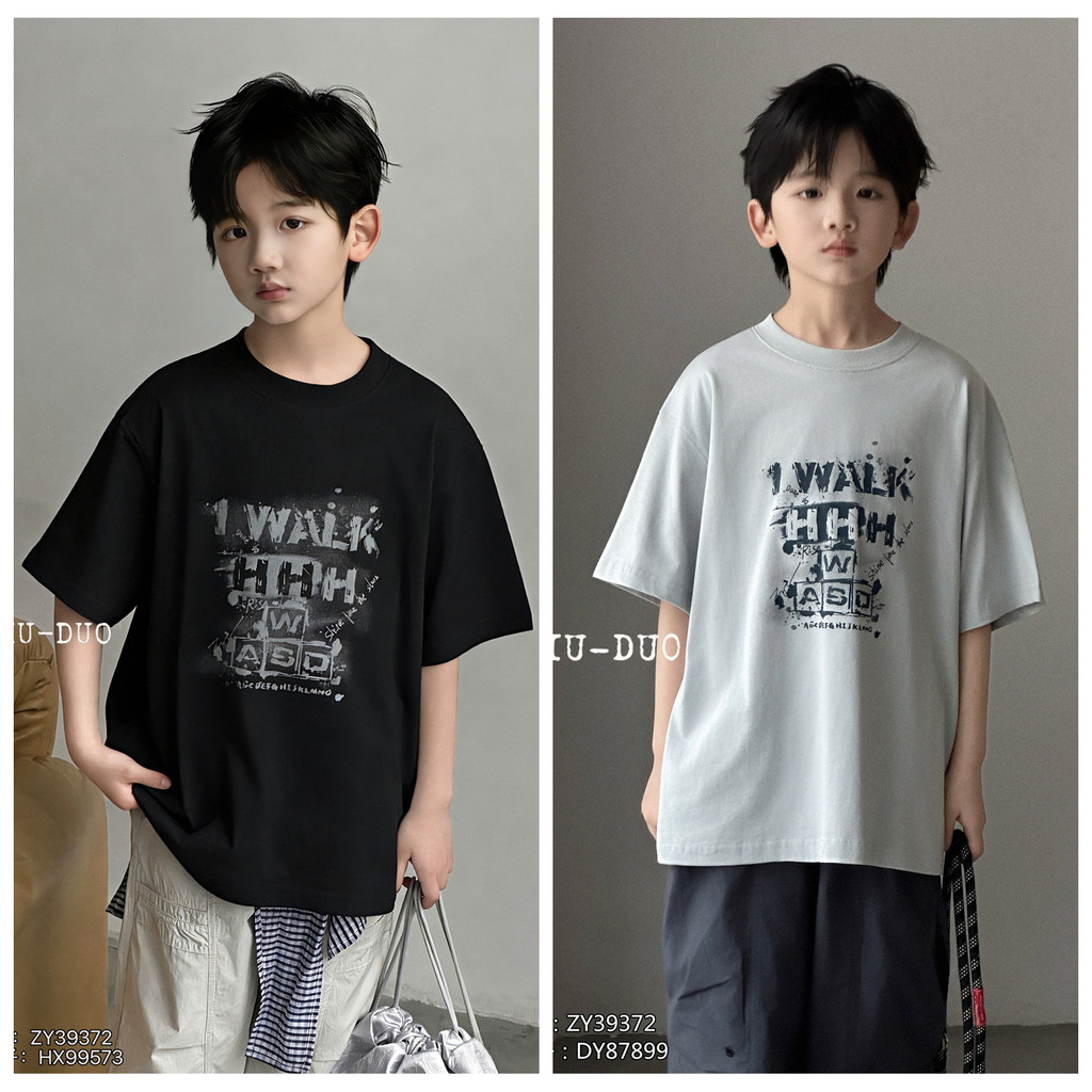 Niu Duoduo 2026 Verão Novo Estilo Meninos Meninas Puro Algodão Camisetas de Manga Curta Médio Grande Crianças Crianças R