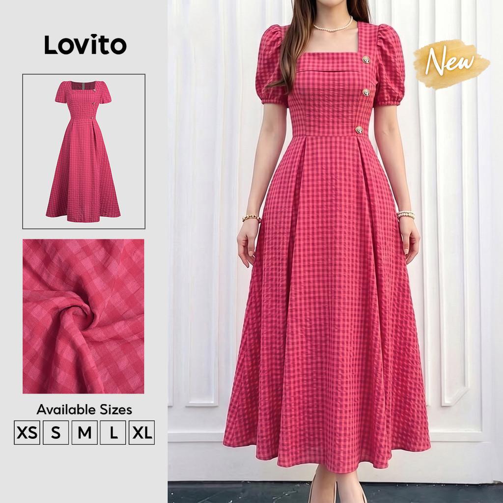 (New Arrival) Lovito Elegant Botão Assimétrico Confortável E Estiloso Vestido Longo Evasê Rosaqueimado Para Mulheres DRB202P2D438