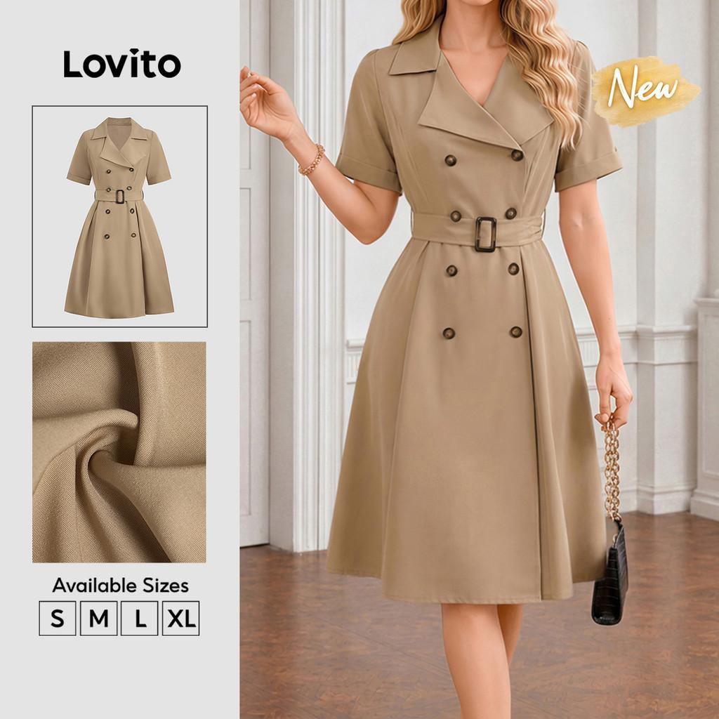 (New Arrival) Lovito Vestido Elegante com Botão Duplo e Cinto Vestido Caqui de Primavera/verão para mulheres DRB38BR171