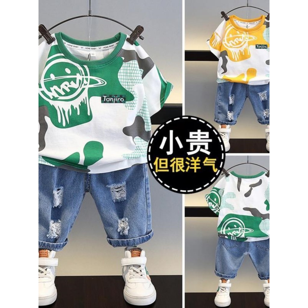 Meninos verão Graffiti impresso terno de manga curta 2023 novo estilo médio grande crianças estilo ocidental camiseta Je