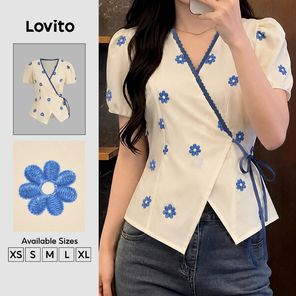 (New Arrival) Lovito Blusa Feminina Casual Floral De Manga Curta Gola V Assimétrica Com Amarração Primavera/Verão Fim De Semana BLB202P2D604