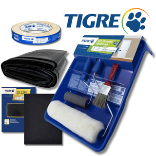 Kit Pintura Tigre para Parede Tetos + Fita Crepe 24mmx50M + 2 Metros Lona de Pintura +2 Lixas D'água