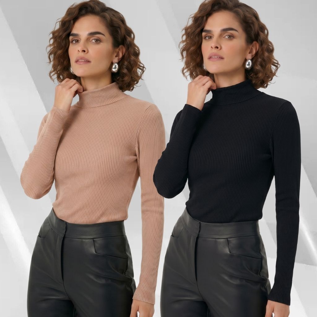 Kit 2 Blusas Cacharrel Feminina Manga Longa com Gola Alta Canelada Confortável Para o Inverno