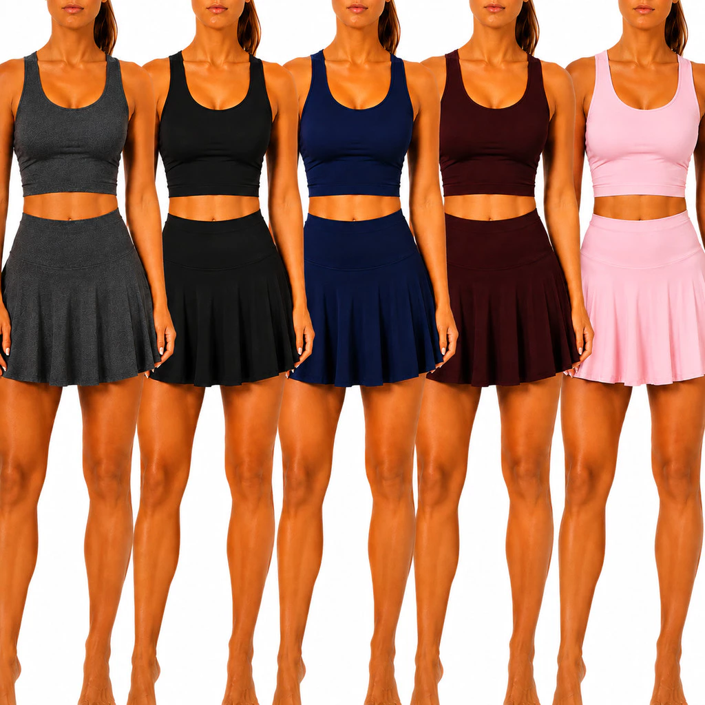 Kit 5 Conjunto Feminino Fitness Saia Shorts Top sem Bojo Tecido Leve Confortável Academia Treino