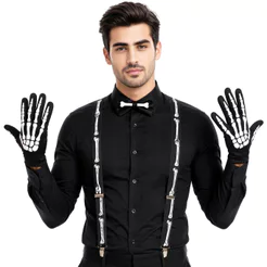 Kit Acessórios Fantasia Esqueleto Caveira 3 Peças: Suspensório + Luvas + Gravata Halloween