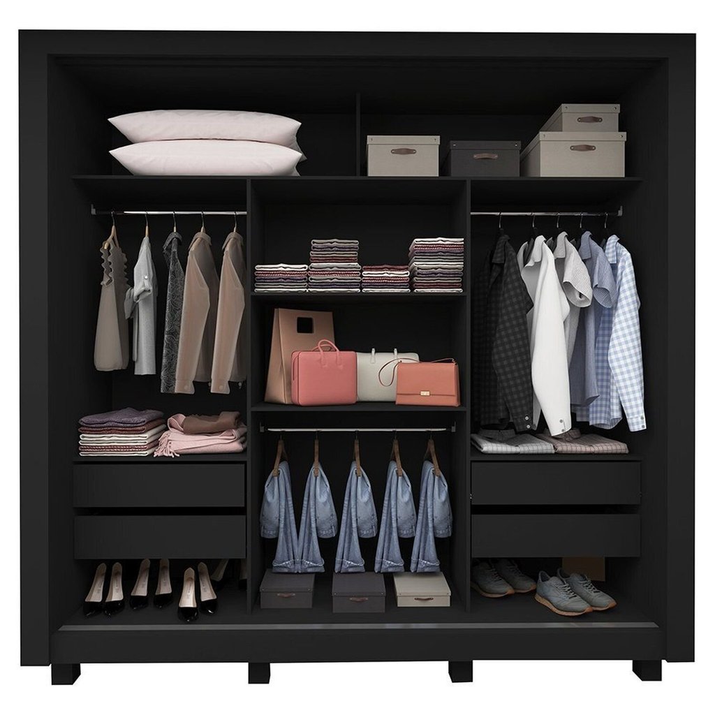 Guarda-Roupa Casal 3 Portas 1 Porta Espelhada com Pés Milão 100% MDF Yescasa Preto Preto · foto 2