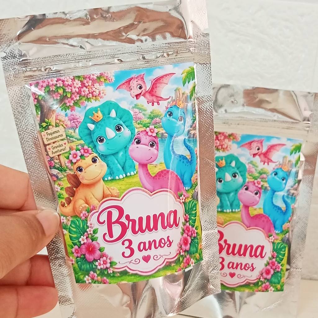Saquinho Metalizado Ziplock Dinossauro Menina Personalizado / Lembrancinha de festa / aniversário