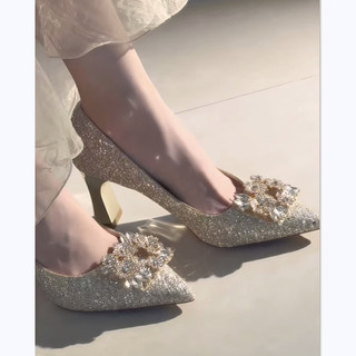 Champanhe lindo vestido adulto de cristal salto alto sapatos de casamento femininos sapatos de noiva salto grosso noivad