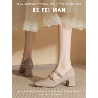 [Coffeyman] Sapatos de couro envernizado francês Mary Jane de salto médio feminino primavera outono doce dedo do pé quad