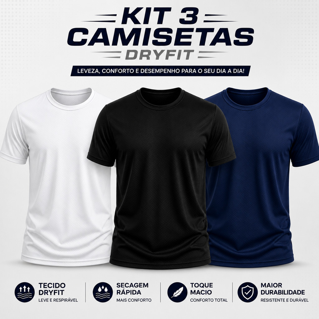 Kit 3 Camiseta Básica Masculina Dry Fit Esporte Treino Academia Proteção UV