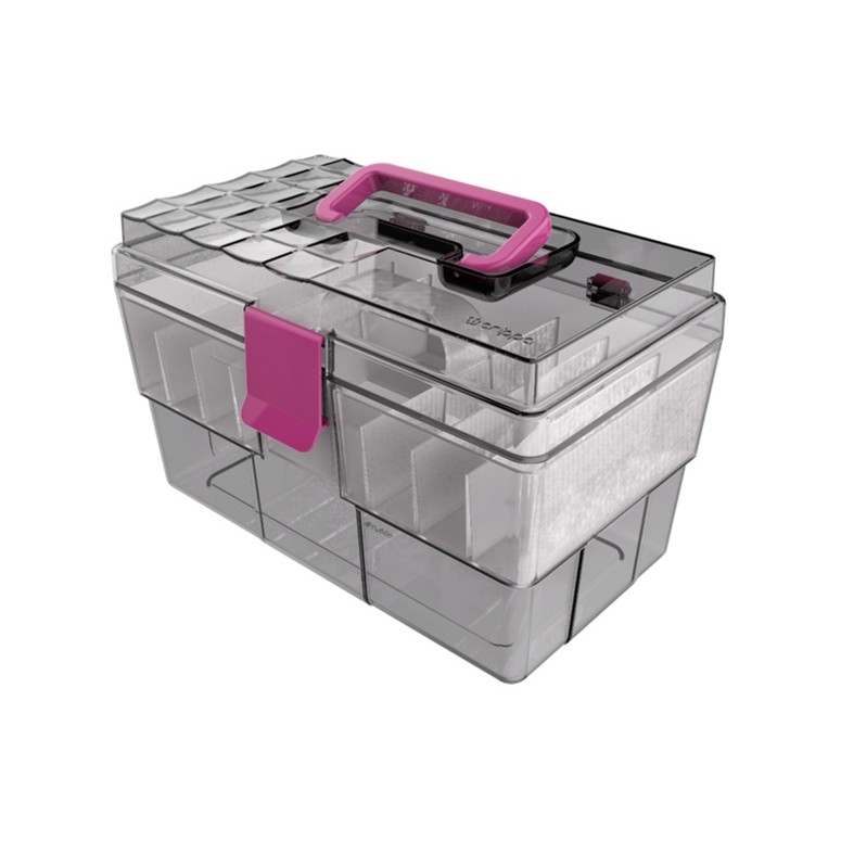 Maleta Organizadora Maquiagem Esmaltes Com Divisórias Crippa Fumê Transparente e rosa