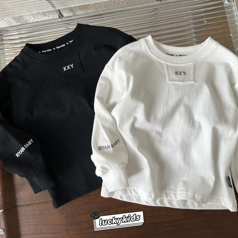 100 % Algodão Moda Crianças Meninos Meninas Bordado Etiqueta Manga Longa Camiseta Outono casual Bebê Unissex Macio Respi