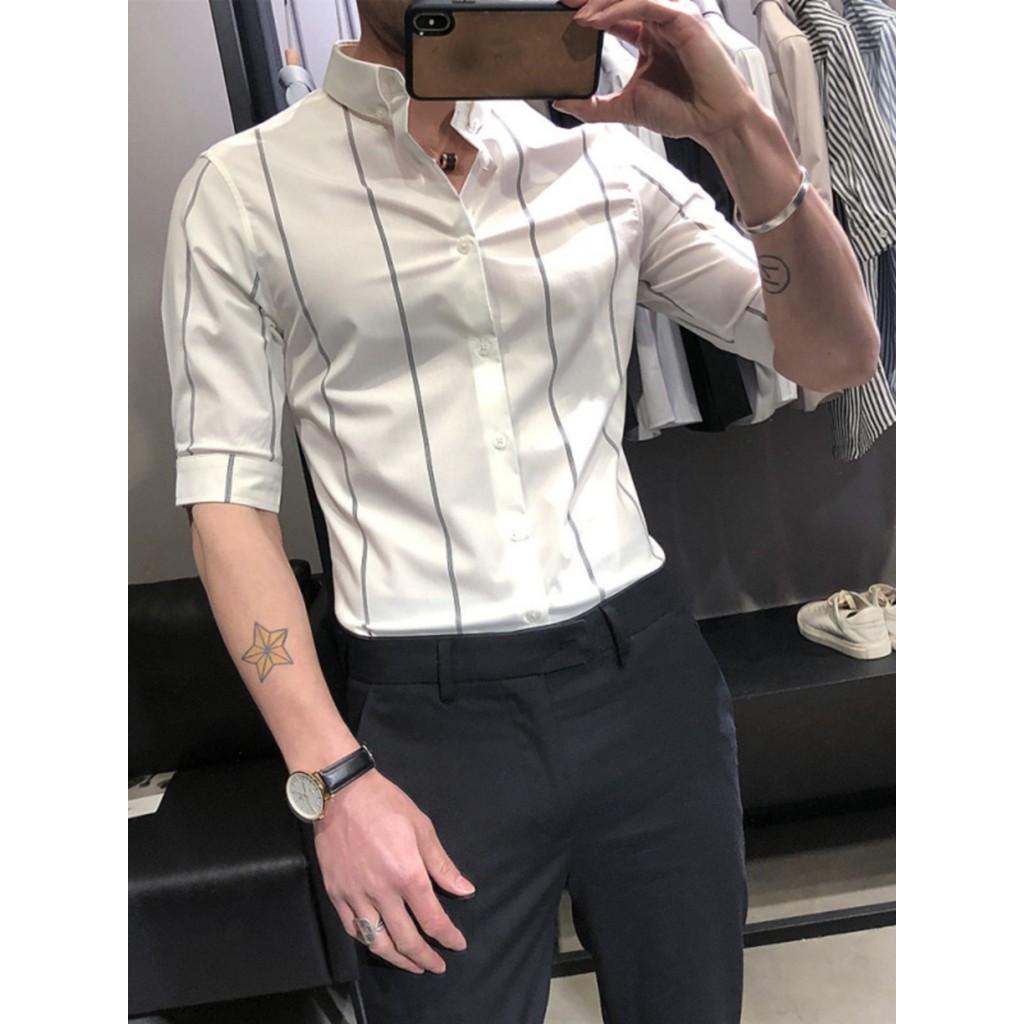 Camisa masculina de manga curta Slim-fit na moda bonito All-Match listrado camisa de manga média verão versão coreana ma