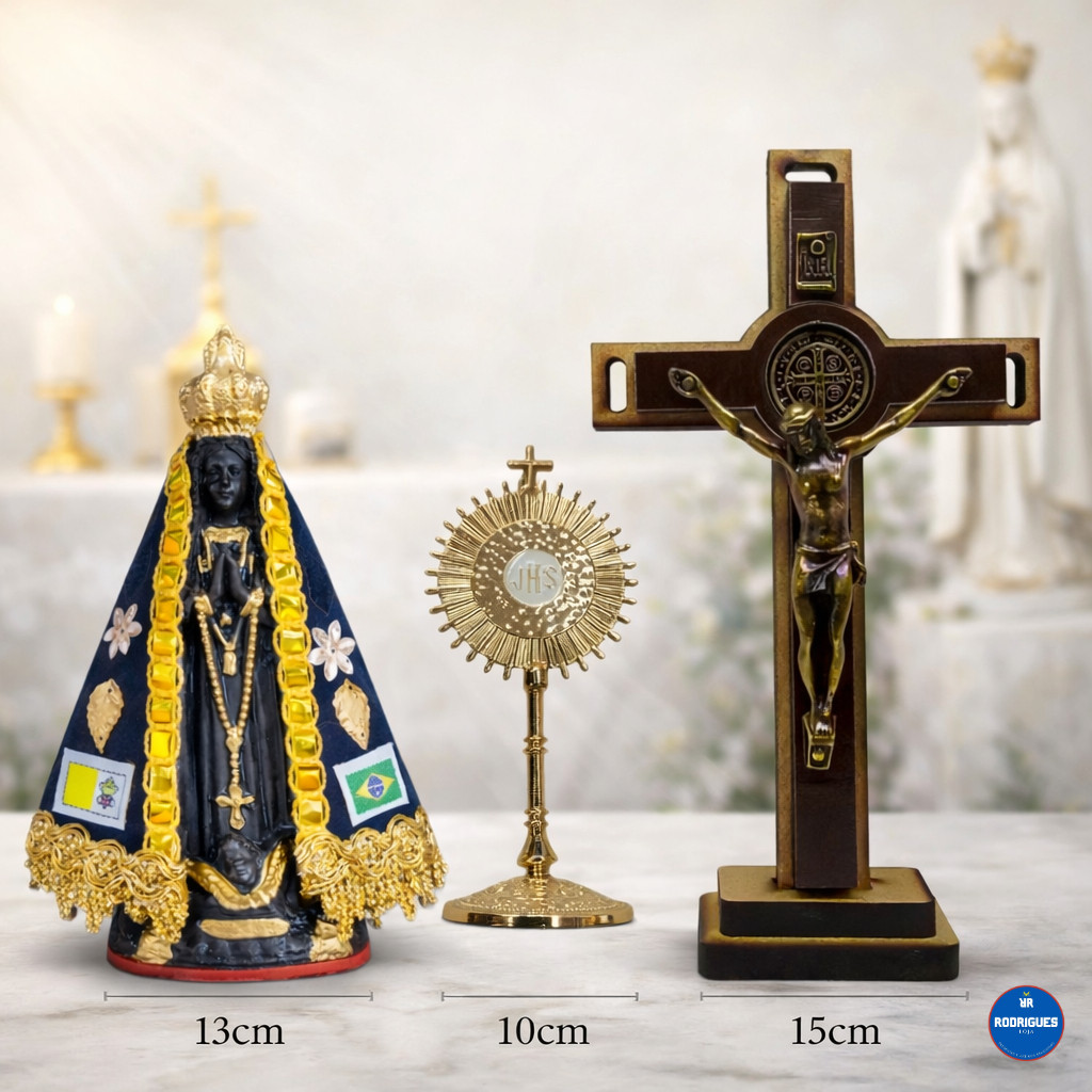 Kit Religioso Nossa Senhora Aparecida 13cm  com Manto + Ostensório 10cm + Crucifixo 15cm – Decoração de Fé