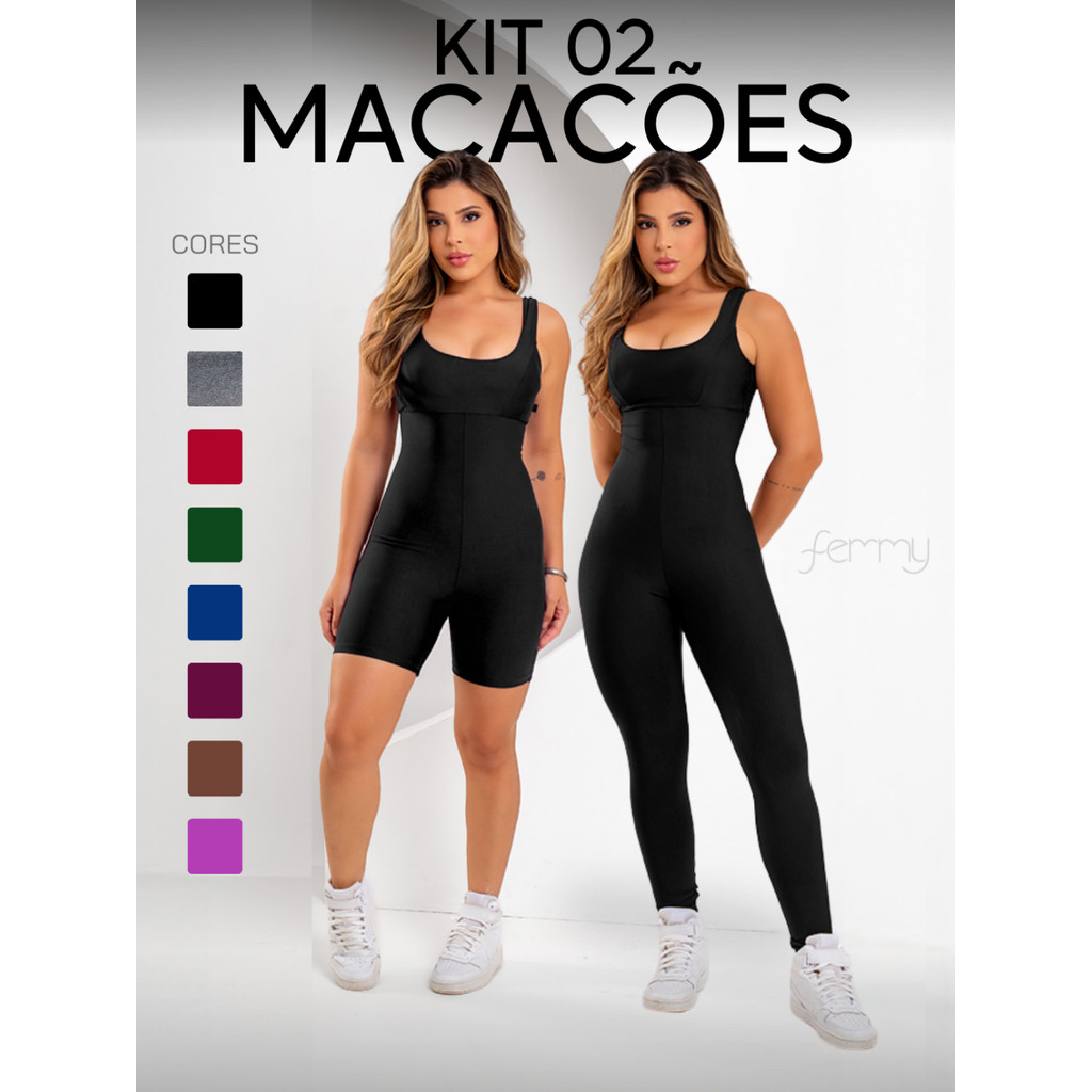 Kit 2 Macacões Longo e Curto Zero Transparência Fitness Premium Legg Feminino Academia Treino Bojo Removível Conjunto.
