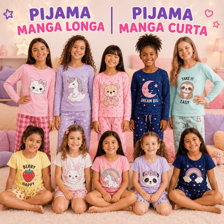 Kit 4 Pijamas Infantis Femininos Manga Longa e Curta Sortidos Menina Bebê Verão Inverno Calor Frio Roupa de Dormir
