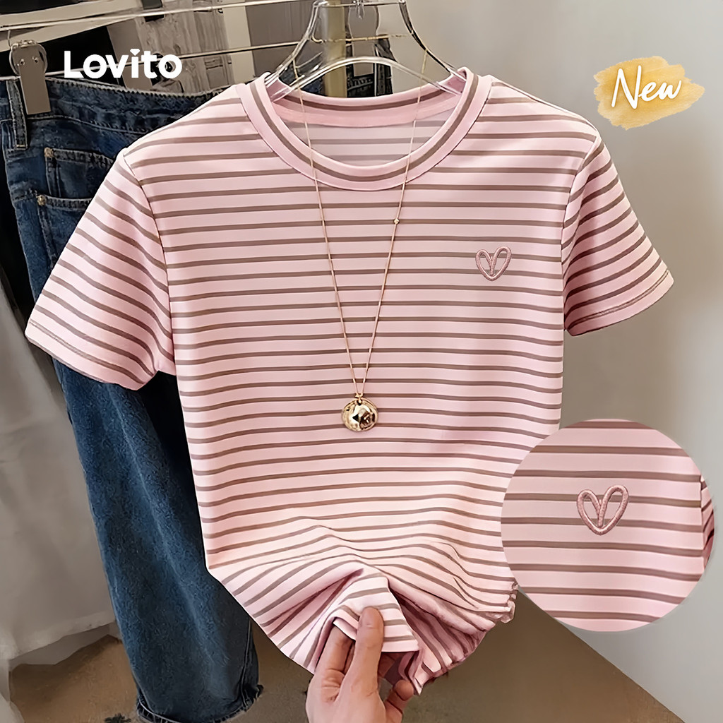 (New Arrival) Lovito Camiseta Casual Bordada Rosa de Primavera/verão para mulheres TSK8P1D828